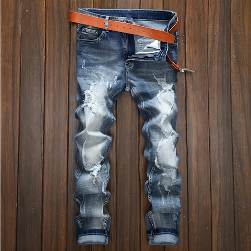 Light-colored Ripped Jeans Men's Scraped Broken Trousers Slim Small